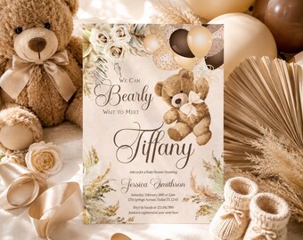 Plantilla digital editable e imprimible para invitación de baby shower con diseño de osito de peluche.