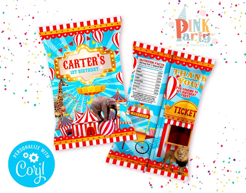 K&ouml;nnte beinhalten: Party-Giveaway-T&uuml;ten im Zirkus-Design mit einem Elefanten, einer Giraffe und einem Riesenrad auf blauem Hintergrund. Auf den T&uuml;ten steht "Carter's 1. Geburtstag" und "Danke!" mit einem Ticket-Design. Sie sind mit rot-wei&szlig;en Streifen und Ballons verziert.