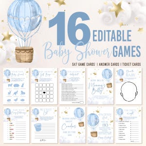 Hot Air Balloon Baby Shower Game Bundle Editable template Up and Away Baby Game Pack Adventure Begins Invitation Boy Shower Games BS368