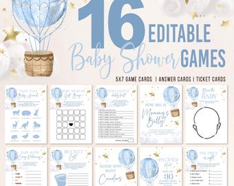 Lot de jeux pour baby shower en montgolfière : 16 jeux modifiables, bleu (téléchargement numérique) BS368