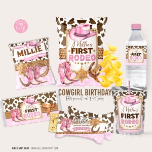 Cowgirl-Geburtstags-Party-Bundle-Kit, druckbare Vorlage, satteln Sie Geburtstags-Chip-Tasche aus, Cowboy-Western-bearbeitbare Etiketten 1. Rodeo-Party druckbare