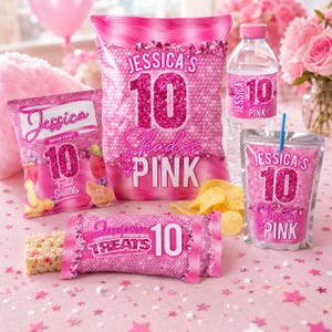 May include: A collection of pink party snacks and drinks, including a bag of chips, fruit snacks, water bottle, and juice pouch. The packaging features the name "Jessica" and the phrase "10 Shades of Pink". A Rice Krispie treat is also included.
