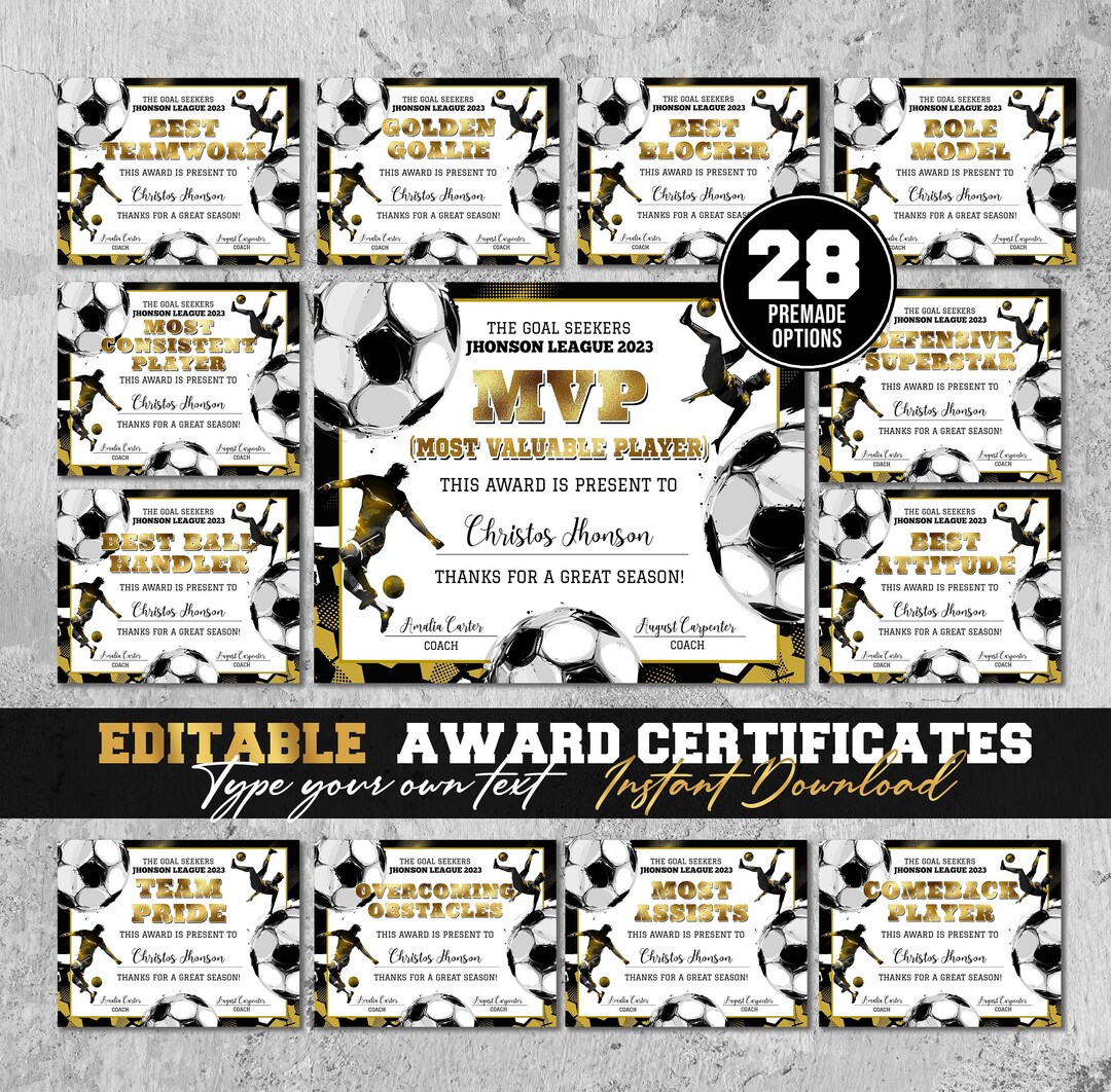 Editable Soccer Award Certificate: End of Season Team Diploma (digital ...