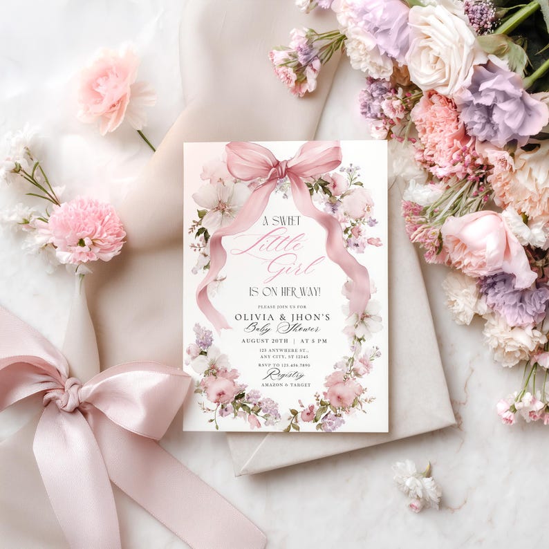 May include: A baby shower invitation featuring a floral wreath and a pink ribbon. The text reads "A Sweet Little Girl Is On Her Way!" with details for Olivia & Jhon's Baby Shower, August 20th at 5 PM. The design incorporates soft pink and white flowers.
