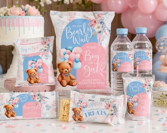Bear Gender Reveal Bundle: Editable Party Favors Pink Blue (Digital Download)