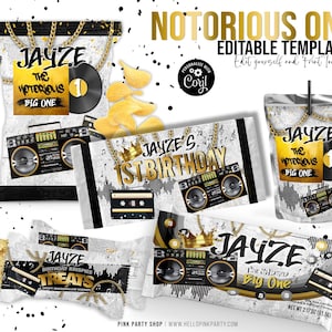 Notorious Birthday Party Bundle Kit, Template Printable, Hip hop Birthday chip bag, Corjl Editable Hip Hop Custom party favors labels