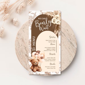 Menu Urso imprimível Menu neutro de gênero editável para chá de bebê cartão de comida personalizado para mesa boho chá de bebê urso decoração de mesa de chá de bebê