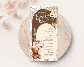 Bear Menu printable Gender Neutral menu editable for baby shower custom food card for table boho baby shower bear baby shower table decor