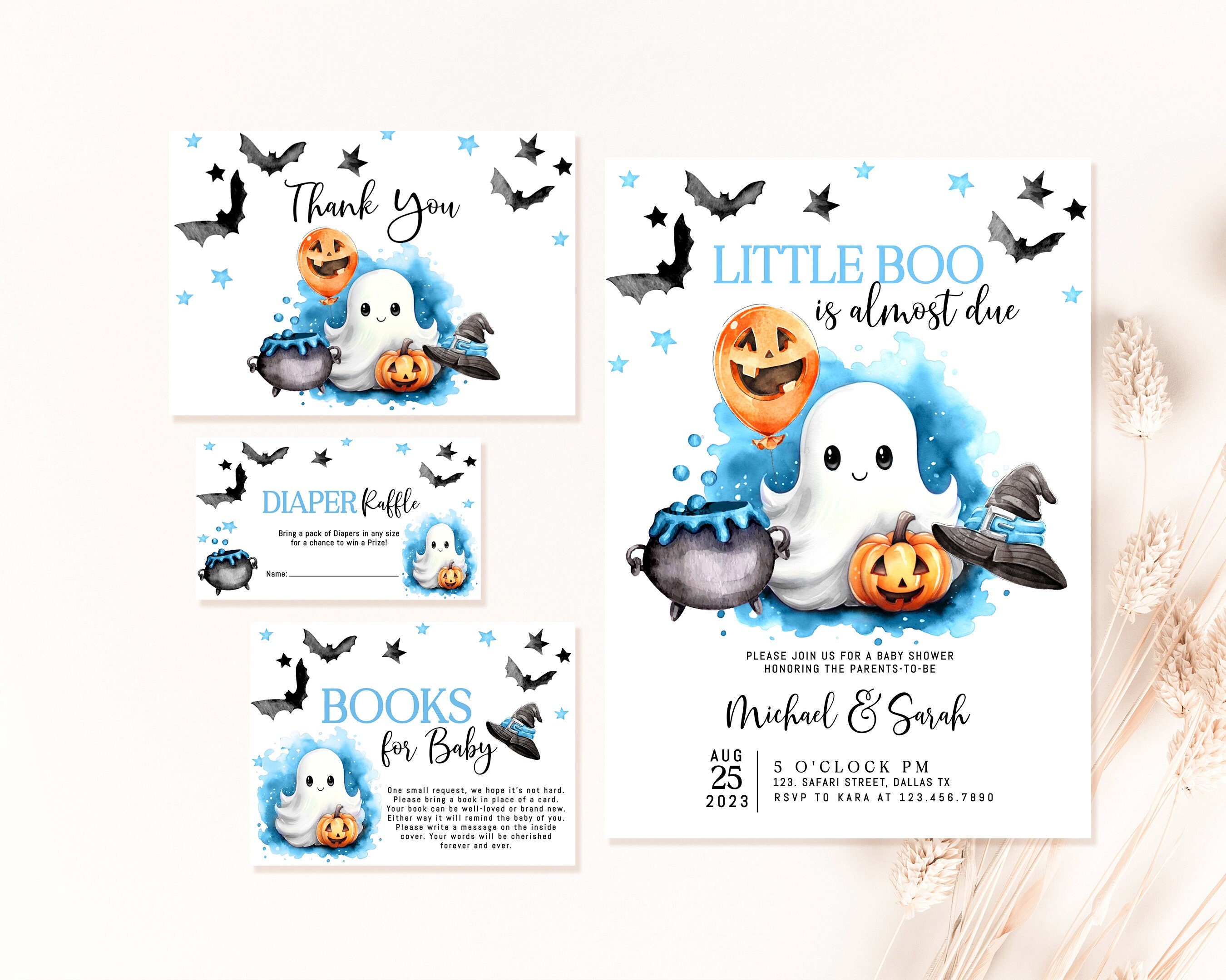 Editable Blue A Little Boo Baby Shower Invitation Bundle, Boy Halloween Baby Shower Invite, Ghost Halloween Baby Shower Invite LBS1