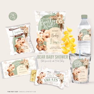Bär Babypartybevorzugungen Bundle-Vorlage Neutralbär Babyparty bearbeitbare Verpackung Junge minimale moderne Babyparty, die wir kaum warten können BSL1