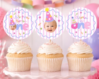 Editable Photo Cupcake Toppers, Pastel First Birthday Party Decorations (Digital Download)