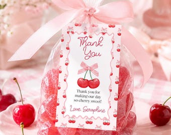 Cherry Baby Shower Favor Tag: Pink Bow, Editable Template (Digital Download)