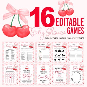 Cherry Baby Shower Games: 16 Editable Templates Pink Bow Coquette (Printable) BS220