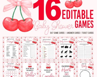 Cherry Baby Shower Games: 16 Editable Templates Pink Bow Coquette (Printable) BS220