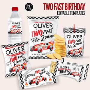 Race Car Birthday Party Favors Bundle editable template Two Fast 2 curious Vintage racing car Printable Birthday Racecar Favors