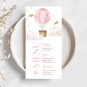 Modello di menu mongolfiera stampabile, modificabile, menu baby shower Up and Away, menu Adventure Awaits per ragazze, menu bevande e cibo BS370