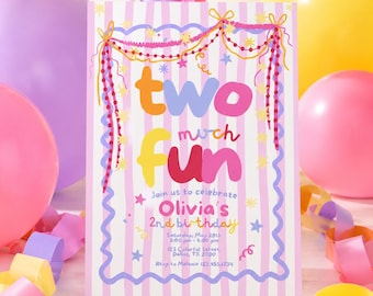 Two much fun 2nd Birthday Invitation for Girl, Editable Canva Template