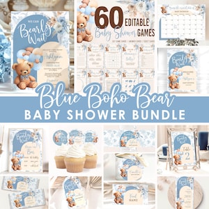 Modello modificabile per invito baby shower con palloncini blu orso Pacchetto invito baby shower Bearly Wait Giochi e segnali per bambini BBT2