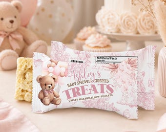 Pink Bear Baby Shower Rice Treat Wrapper: Editable Favor (Digital Download) BPS1