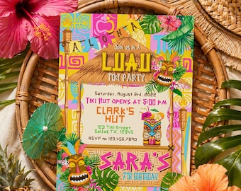 Luau Tiki Birthday Invitation: Tropical Party, Editable Template (Digital Download)