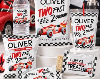 May include: A collection of party favors featuring a race car theme with the text Oliver is Two Fast 2 Curious. Items include a water bottle, snack bags, a drink pouch, and a crispy marshmallow treat, all decorated with red race cars and flags.