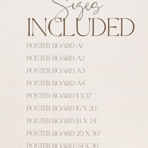May include: A list of poster board sizes included in a product offering. The sizes are: A1, A2, A3, A4, 11 x 17 inches, 16 x 20 inches, 18 x 24 inches, 20 x 30 inches, and 24 x 36 inches.