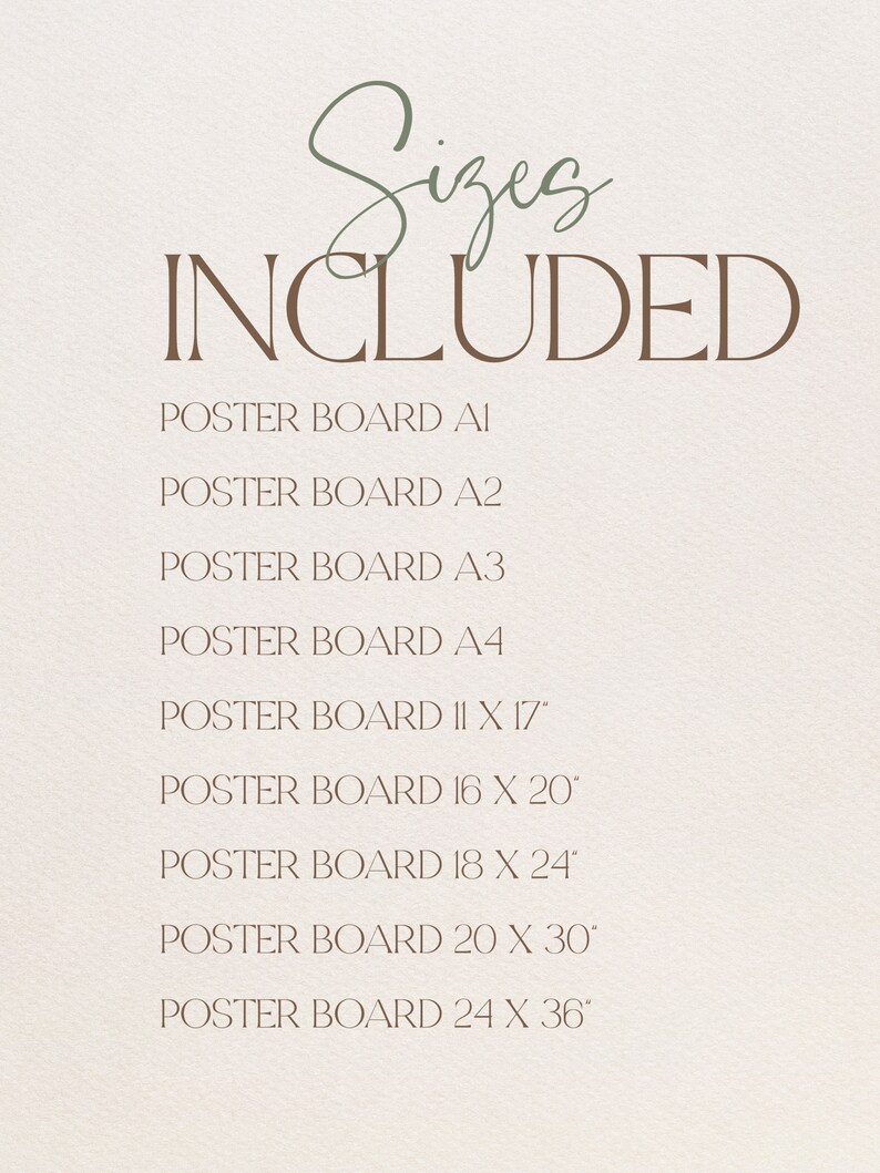May include: A list of poster board sizes included in a product offering. The sizes are: A1, A2, A3, A4, 11 x 17 inches, 16 x 20 inches, 18 x 24 inches, 20 x 30 inches, and 24 x 36 inches.