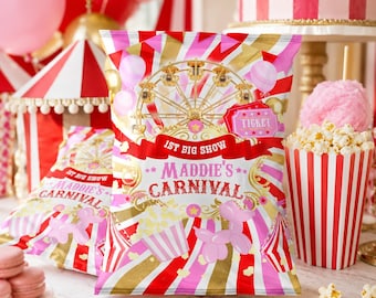 Carnival Birthday Chip Bag Template: Circus Red, Pink, Gold (Editable, Printable)