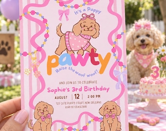 Puppy Pawty Birthday Invitation, Pink Dog Party Editable Template