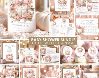 Set di inviti per baby shower a tema zucca rosa: fiocco floreale, modello modificabile (download digitale) CI52