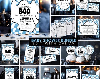 A Little Boo Ghost Baby Shower Bundle Blue Checkered Invitations, Signs, Games (Digital Download) LB29