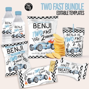 Race Car Birthday Party Favors Bundle editable template Two Fast 2 curious Vintage racing car Printable Birthday Racecar Favors