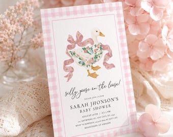 Silly Goose Baby Shower Invitation, Pink Gingham Girl Invite, Editable Template (Digital Download) CI228