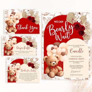 Editable We Can Bearly Wait Baby Shower Invitation Bundle Gender Neutral Bear Balloon Baby Shower Invite Boho Bear Baby Shower BRC