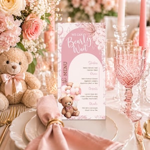 Pink bear menu card editable printable template