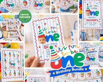 Fun To Be One Birthday Bundle, Editable Canva Invitation (Digital Download)