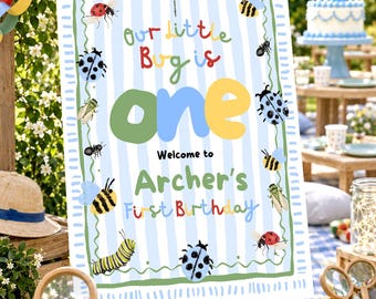 Little Bug Birthday Welcome Sign, Editable First Birthday Canva Template