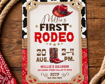 Puede incluir: Invitación con temática de rodeo con una ilustración de sombrero de vaquero en la parte superior. El texto dice "Millie's First Rodeo" en rojo y marrón. La invitación incluye la fecha, la hora y el lugar: Millie's Saloon, 123 Cowboy Street Dallas TX 12345.