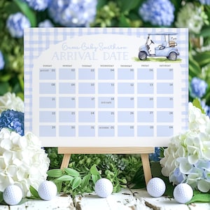 Bearbeitbarer Golf-Babyparty-Fälligkeitsdatumskalender Let's Par-Tee Babyparty Poster Abschlagszeit Babyparty Errate das Fälligkeitsdatum Spiel für Jungen BS227