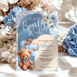 Invitación para baby shower "Apenas podemos esperar", temática bohemia de osos en azul empolvado (descarga digital)