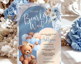 We Can Bearly Wait Baby Shower Invitation, Dusty Blue Boho Bear Theme (Digital Download)