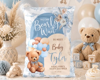 Blue Bear Baby Shower Chip Bag Wrapper: Dusty Blue Editable Template Bearly Wait BBT2