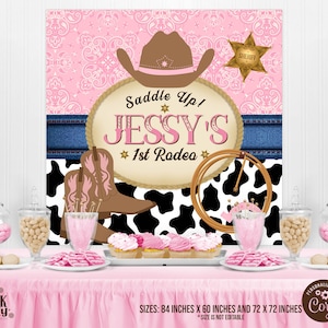 Editable Cowgirl Birthday Backdrop Printable Editable Template Western 1st Rodeo Candy Table Pink Cowgirl Banner Digital Background Design