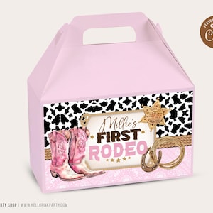 Cowgirl Birthday Gift Box label Editable Template Printable 1st Rodeo custom favor Pink Western Cow Birthday decoration party box label