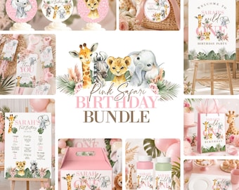 May include: A pink safari birthday party bundle featuring watercolor illustrations of a giraffe, zebra, lion, and elephant. The set includes signs, favor tags, gift boxes, and labels with the text Sarah's Wild One Birthday Party.