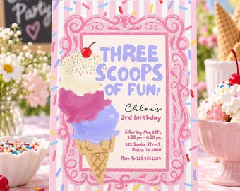 Ice Cream 3rd Birthday Invitation, Three Scoops of Fun Editable Template