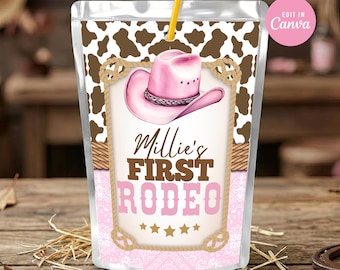 1ère étiquette de pochette de jus de rodéo Cowgirl : anniversaire western rose (modèle canva modifiable)
