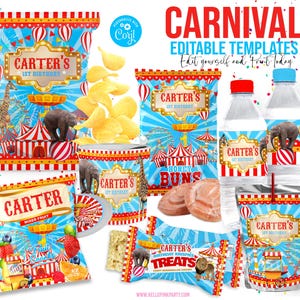 K&ouml;nnte beinhalten: Eine Sammlung von Partyartikeln zum Thema Karneval, darunter Chipst&uuml;ten, Wasserflaschen, Saftboxen und Snackpakete. Die Designs zeigen Zirkuszelte, Luftballons und Tierillustrationen mit dem Text "Carter's 1st Birthday".