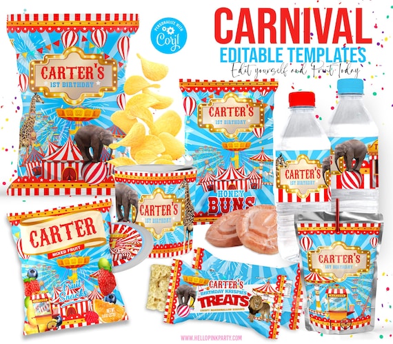 Carnival Theme Party Favor Bundle, Circus Birthday Party Favors, Editable 1st Birthday Templates, Digital Download