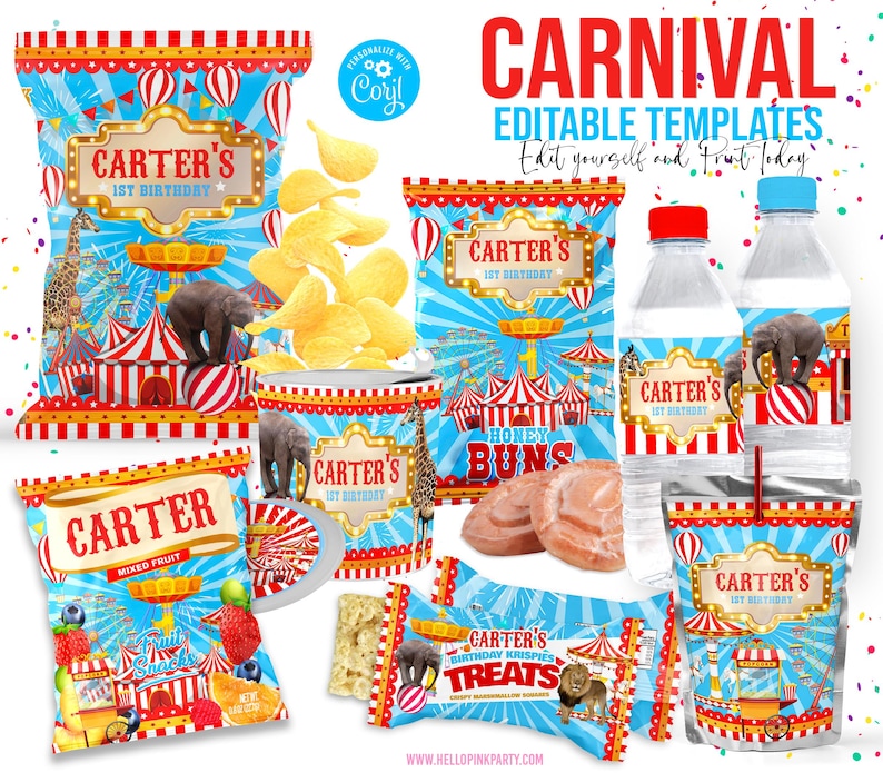 K&ouml;nnte beinhalten: Eine Sammlung von Partyartikeln zum Thema Karneval, darunter Chipst&uuml;ten, Wasserflaschen, Saftboxen und Snackpakete. Die Designs zeigen Zirkuszelte, Luftballons und Tierillustrationen mit dem Text "Carter's 1st Birthday".